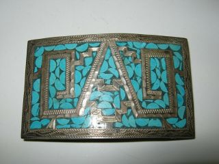 Vintage Sterling Silver Belt Buckle W/ Inlaid Turquoise