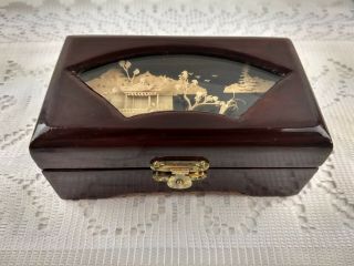 Vintage San You Small Jewelry Box Carved Cork Diorama Dark Red Lacquered Wood