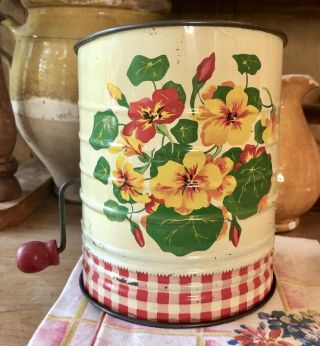 Vintage Retro 1950s Tin Flour Sifter W/ Red Gingham & Nasturtium Flowers