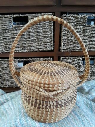 Charleston Sweet Grass Basket Sea Gullah Handle Vintage Attached Lid S Carolina