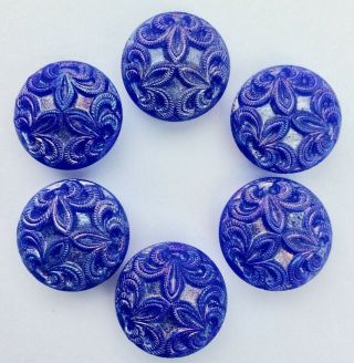 6 X 17mm Vintage Blue Glass Buttons,  Fleur De Lys & Lustre