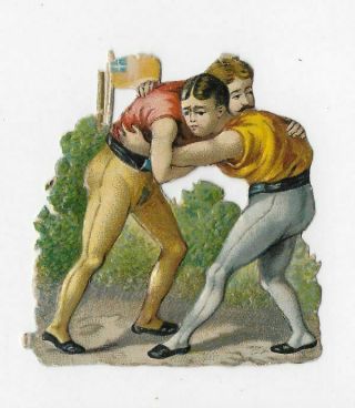 Antique Victorian Male Wrestlers Diecut Scrap Oblaten,  2 - 1/4 " 5.  5 Cm
