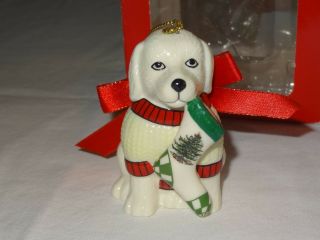 Spode Dog Wearing Sweater W/ Stocking Puppy Christmas Tree Ornament