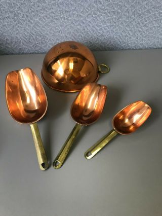 Vintage Copper Measuring Scoops Plus Bowl