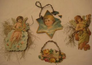 4 Old Antique Scrap Christmas Ornaments W/ Garland Trim Angels W/ Flowers,