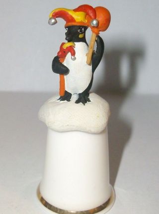 A Bone China Thimble With A Cute Pewter - - Jester Penguin - - On Top