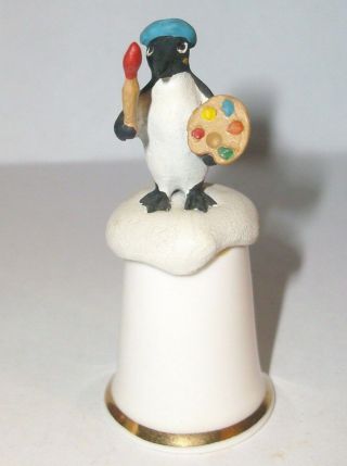 A Bone China Thimble With A Cute Pewter - - Artist Penguin - - On Top