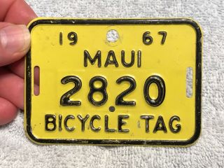 Vintage 1967 MAUI HAWAII Bicycle Tag License Plate Bike NEAR NOS 2820 3