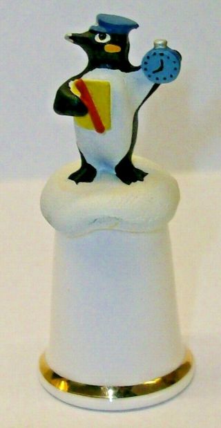A Bone China Thimble With A Cute Pewter - - Station Master Penguin - - On Top