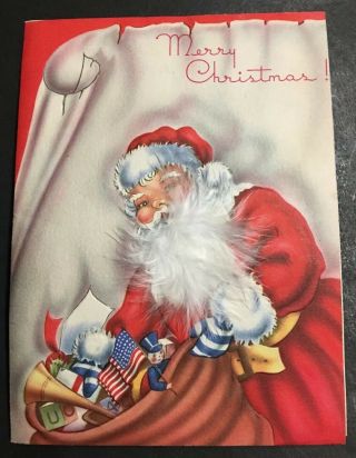 Vintage Santa Feather Beard American Flag Colorful Vintage Christmas Card