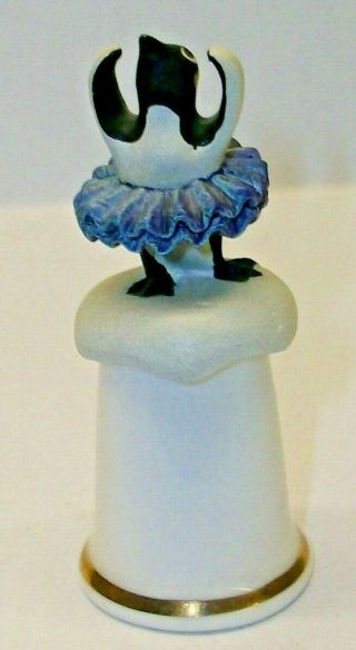 A Bone China Thimble With A Cute Pewter - - Ballerina Penguin - - On Top