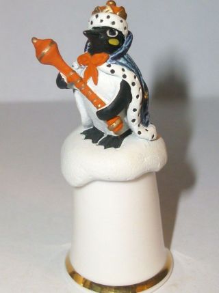 A Bone China Thimble With A Cute Pewter - - King Penguin - - On Top