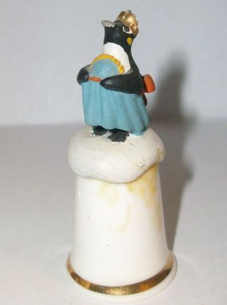 A Bone China Thimble With A Cute Pewter - - Queen Penguin - - On Top