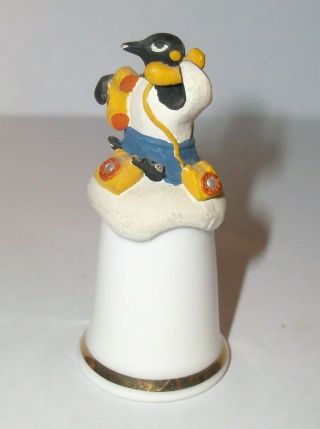 A Bone China Thimble With A Cute Pewter - - Telephonist Penguin - - On Top