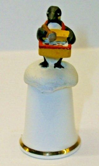 A Bone China Thimble With A Cute Pewter - - Ice Cream Vendor Penguin - - On Top