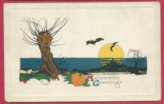 Halloween Postcard - Gibson Art Co.  - Greetings - Bats - Pumpkin - Halloween