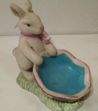 Easter Bunny Rabbit Candy Dish 7 " White Sparkly Resin Bunny Blue Ceramic Dish