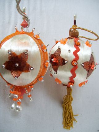 2 Vintage 6 " Handmade Christmas Decorative Ornaments Pins Beads Ribbon