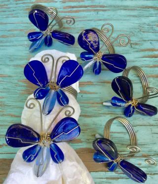 Vintage Set Of 6 Cobalt Blue Glass Butterfly Silver Wire Napkin Ring Holders