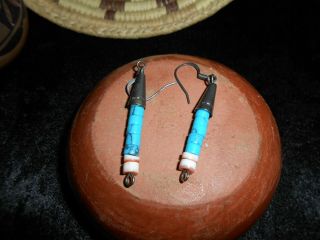 Navajo Indian Native Earrings Turquoise Discs Shell Silver Cones Beaded Strand