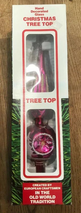 Vtg Pink 12 " European Glass Hand Crafted Christmas Tree Topper/ Romania Box.