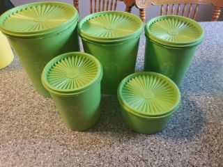 Vintage Tupperware Set Of 5 Apple Green Servalier Nesting Canisters With Lids