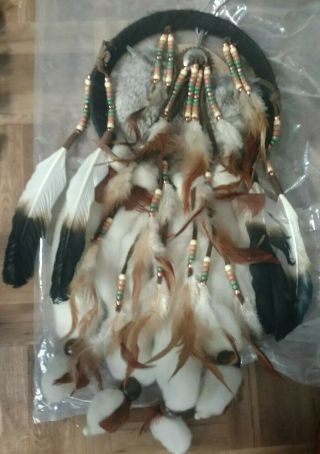 Large Dream Catcher Fur Feather Wool Leather Beads 2ft Tall