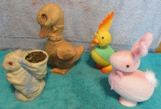 4 Vtg German Easter Bunny/duck/colorful Chicken Bobble Head Candy Containers