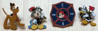Disney Pins Rescue Series Fireman Mickey Mouse Donald Pluto Badge 2002 Mkfd