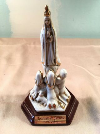 Vintage Religious Our Lady Of Fatima Porcelain Statue W/ Wood Base / Portugal