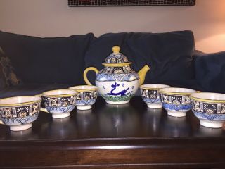 Ysauro Uriarte Puebla Mexico Talavera Pottery Large Teapot And 6 Large Cups