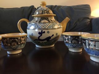Ysauro Uriarte Puebla Mexico Talavera Pottery LARGE Teapot and 6 Large Cups 2
