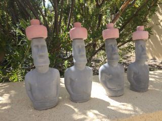 Set Of 4 Tiki Moai Easter Island Head Sculptures (dark Gray With Red Hat)