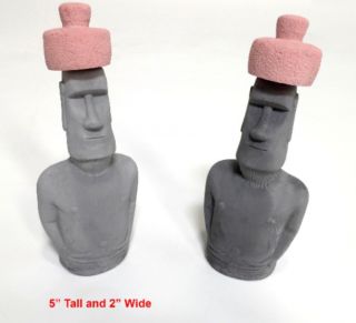 Set of 4 Tiki Moai Easter Island Head Sculptures (dark gray with red hat) 2