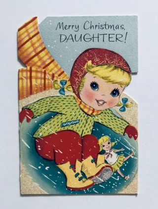 Vintage Rust Craft Christmas Card Cute Girl Baby Doll Mcm Glitter Snow Daughter