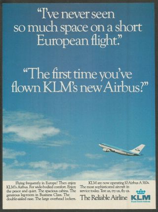 Klm - So Much Space In An Airbus A310s - 1985 Vintage Airlines Print Ad