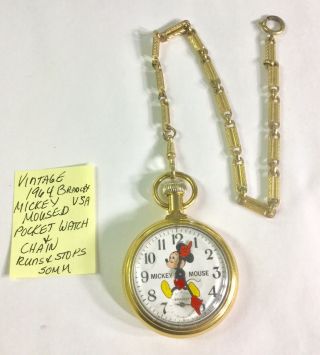 Vintage 1964 Bradley Mickey Mouse Pocket Watch With Chain Runs And Stops 50mm