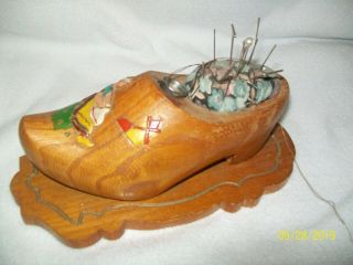 Vintage Wooden Shoe Pin Cushion Thimble Holder