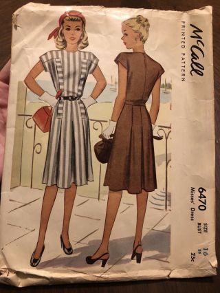 Mccall Printed Pattern 6470 1946 1940s Dress Vintage Sewing Size 16 40s Fashion
