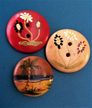 Vintage Mid - 1900s Hand Painted Wood Buttons