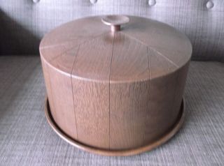 Rare Retro Vintage Faux Wood Tone Dome Cake Carrier Platter W/Copper Knob - EUC 3