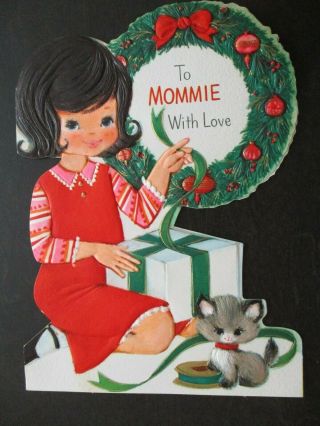 Girl Present Spool Ribbon Kitten Wreath Vintage Hallmark Die Cut Christmas Card
