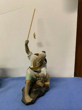 Vtg Chinese Export Mudman Art Pottery Glazed Fisherman Statue Figurine
