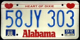 Alabama 1992 License Plate 58jy 303 - Heart Of Dixie