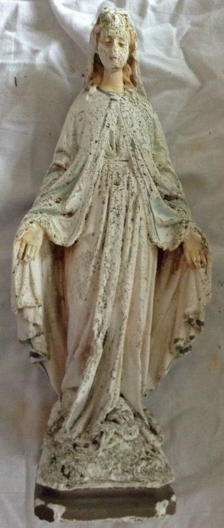 Antique Mother Mary Statue 13 " Plaster Chalkware Religious Outdoor Weather Worn