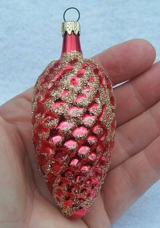 Vintage Glass Pine Cone Red With Gold Glitter Christmas Ornament 3 1/2 " Tall