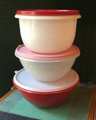 Vintage Tupperware Mixing Bowls Set Of 3 Red,  Pink,  Sheer With Lids