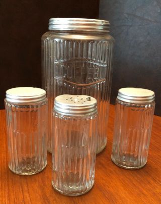 Vintage 4 Pc Hoosier Jar Set Clear Ribbed Glass Coffee Spice