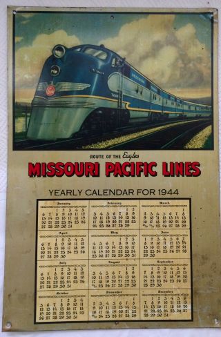 Vintage 1944 Missouri Pacific Lines Railroad Calendar Sign Tin Lithograph