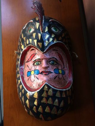 Vintage Mexican Carved Wood Carnival Dance Mask " Pink Faced Rooster Lady "